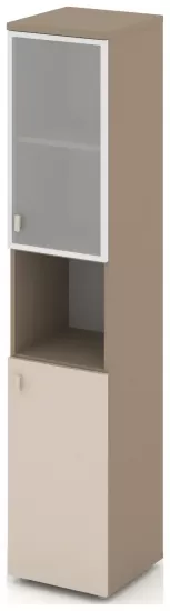 Шкаф высокий узкий правый (1 низкий фасад ЛДСП + 1 низкий фасад стекло в раме)